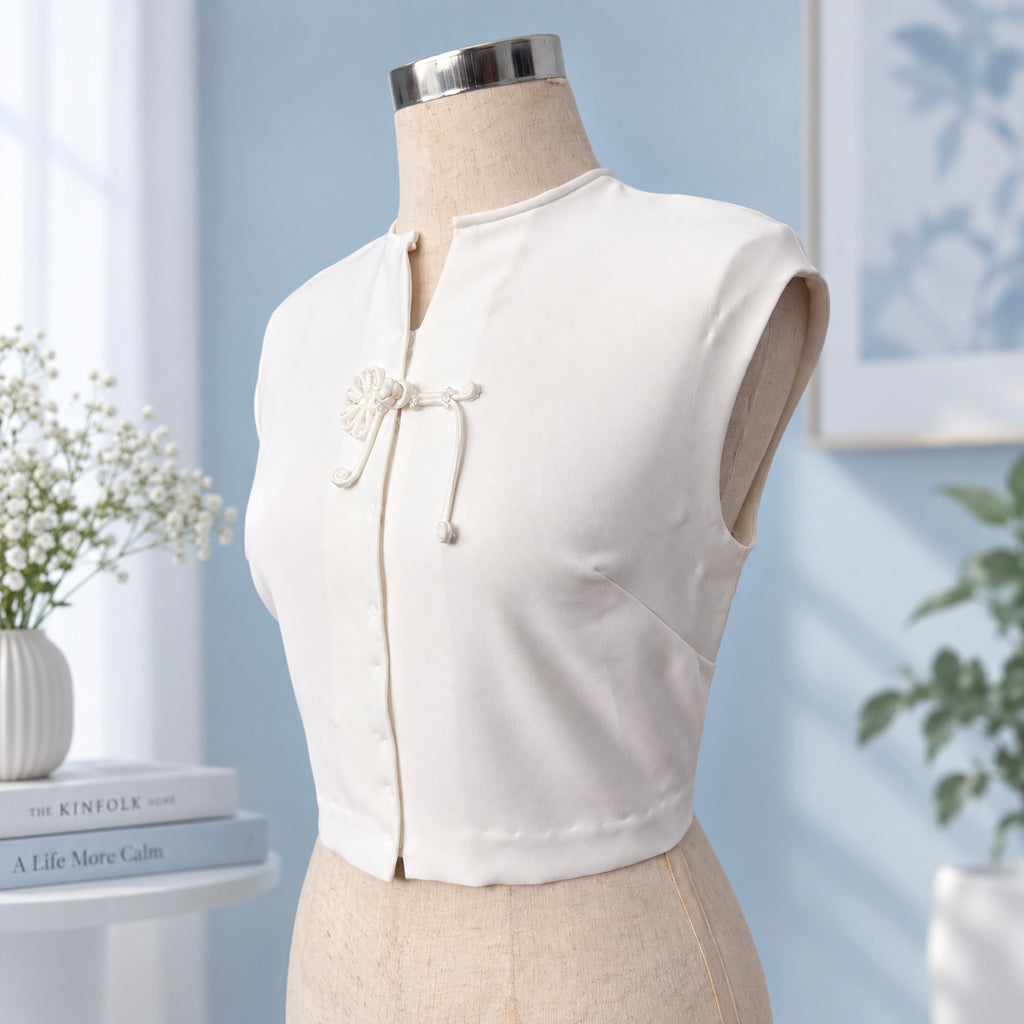 White traditional frog-closure cropped top on dress form