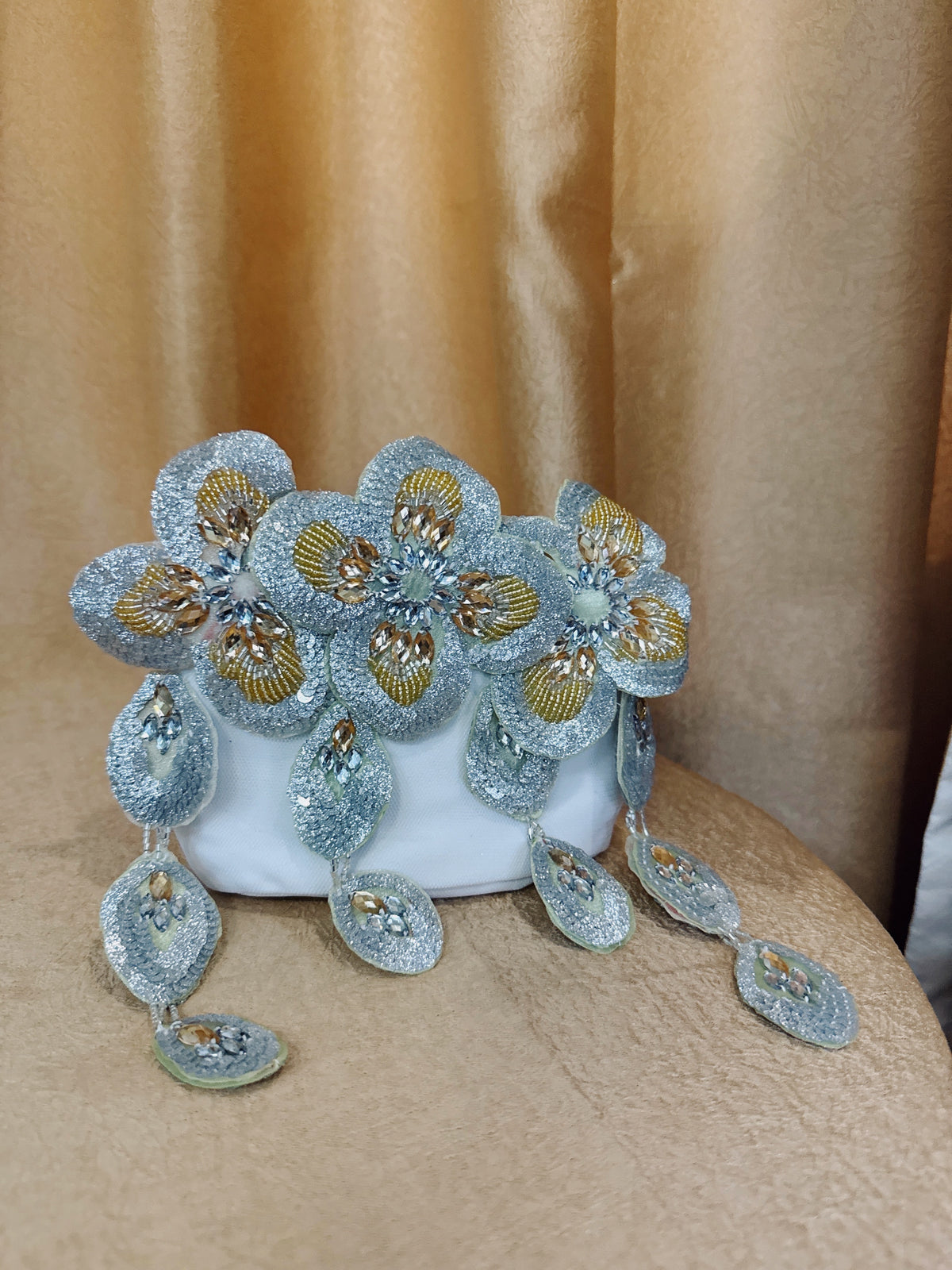 Luxurious Gold & Silver Beaded Floral Off-Shoulder Traditional Dress Set