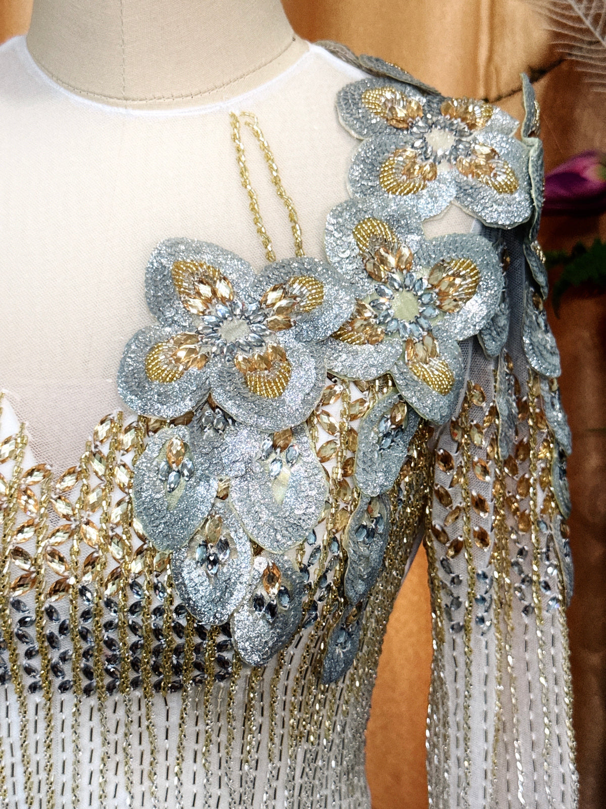 Luxurious Gold & Silver Beaded Floral Off-Shoulder Traditional Dress Set