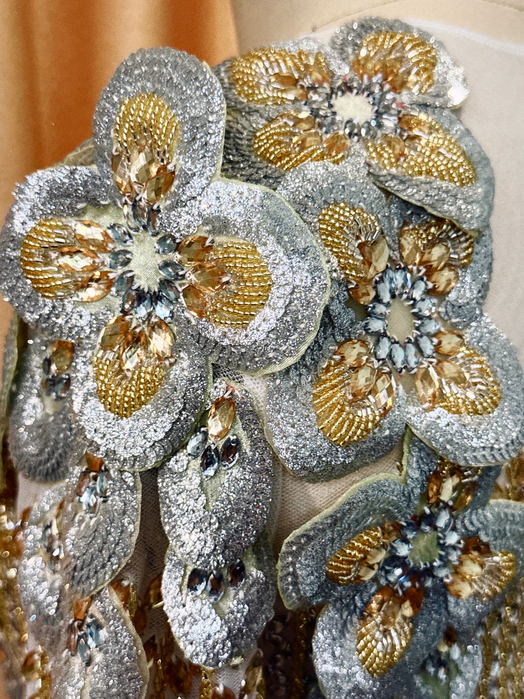 Luxurious Gold & Silver Beaded Floral Off-Shoulder Traditional Dress Set
