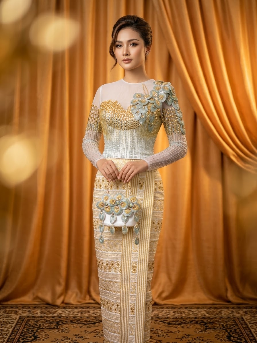Luxurious Gold & Silver Beaded Floral Off-Shoulder Traditional Dress Set