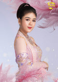 Hand-Embroidered Dusky Rose Haute Couture Myanmar Bridal Set (Top, corset ,Shawl & Longyi)