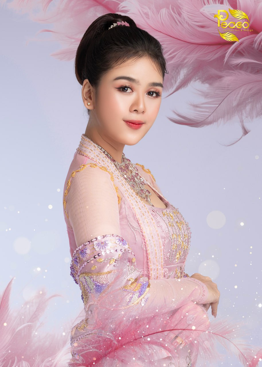 Hand-Embroidered Dusky Rose Haute Couture Myanmar Bridal Set (Top, corset ,Shawl & Longyi)