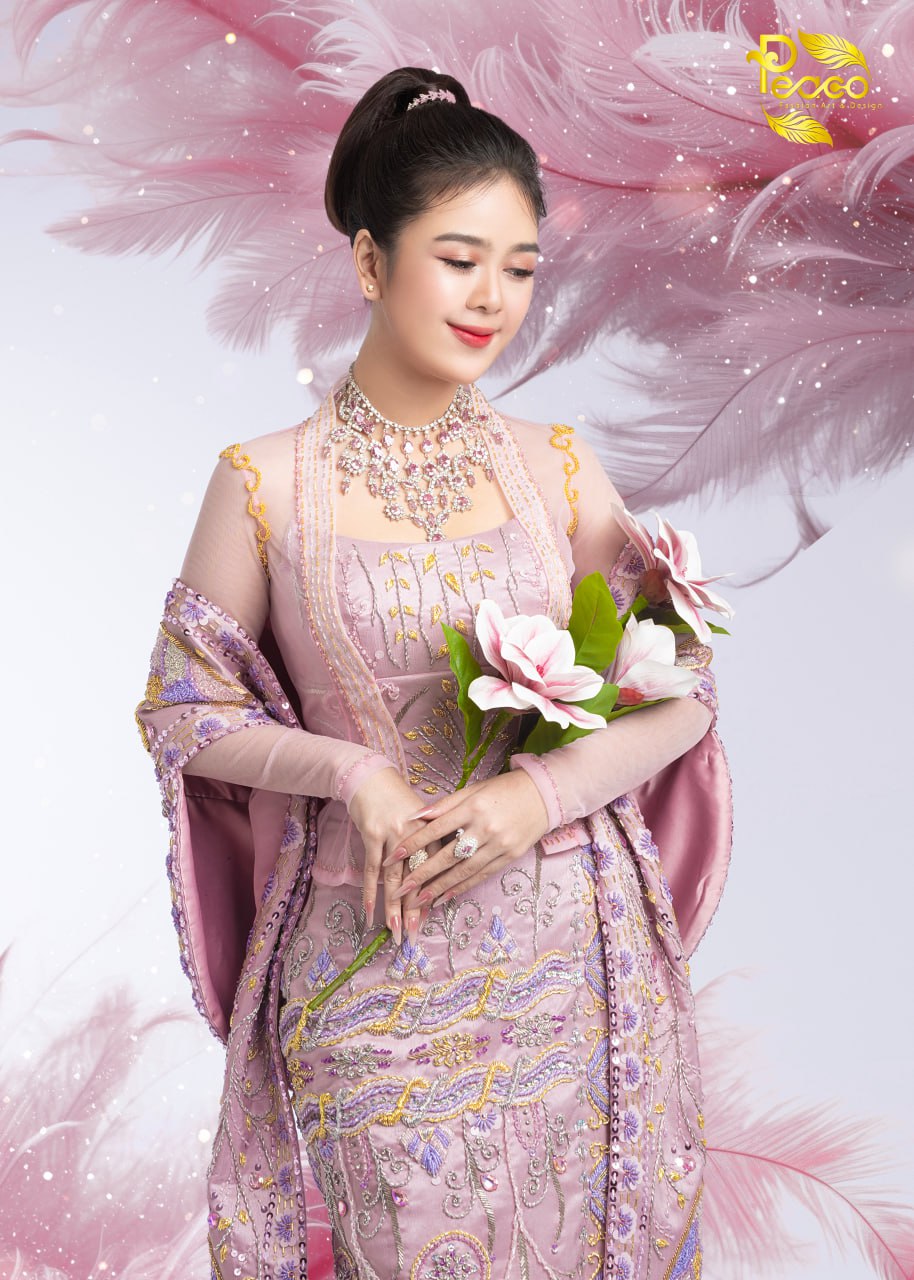 Hand-Embroidered Dusky Rose Haute Couture Myanmar Bridal Set (Top, corset ,Shawl & Longyi)