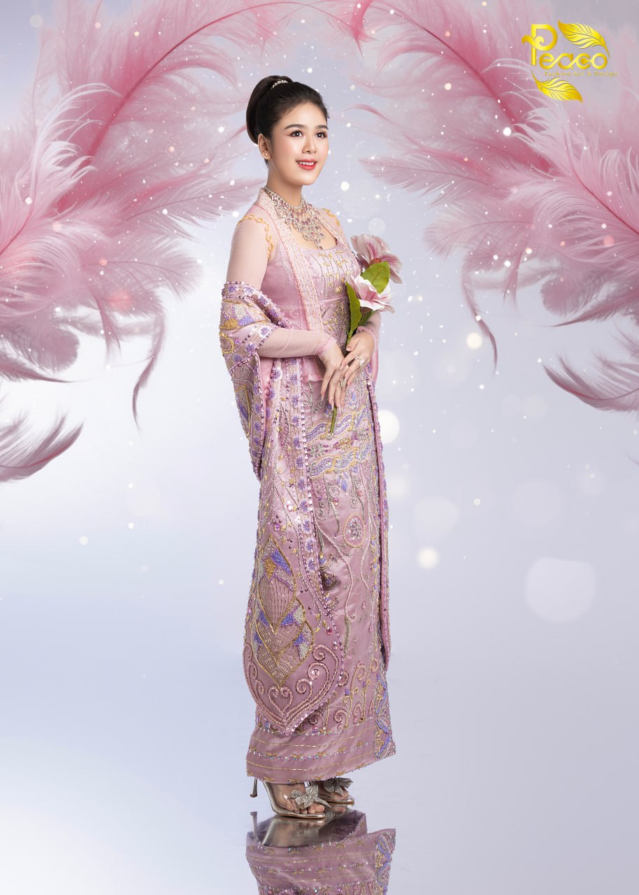 Hand-Embroidered Dusky Rose Haute Couture Myanmar Bridal Set (Top, corset ,Shawl & Longyi)