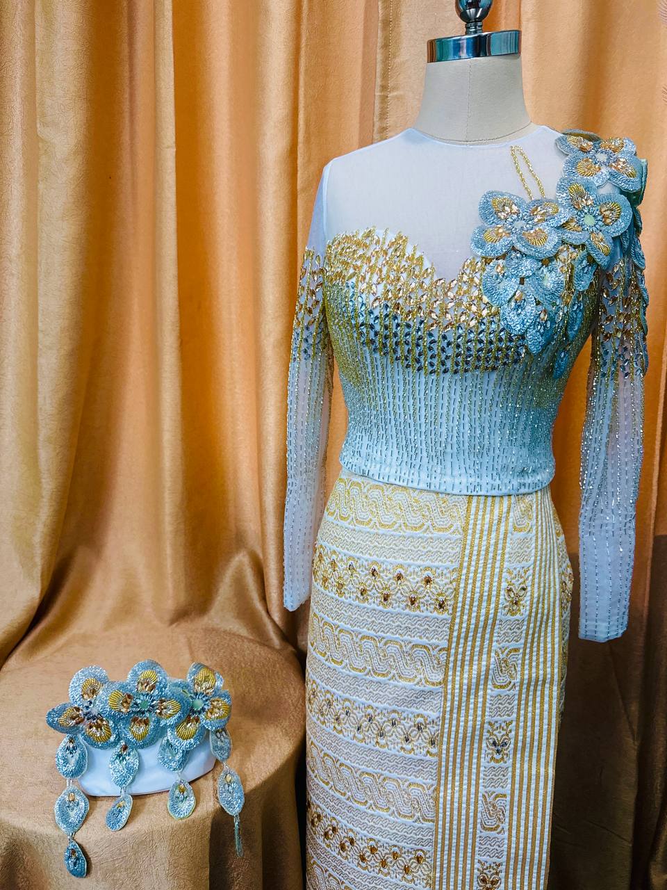 Luxurious Gold & Silver Beaded Floral Off-Shoulder Traditional Dress Set