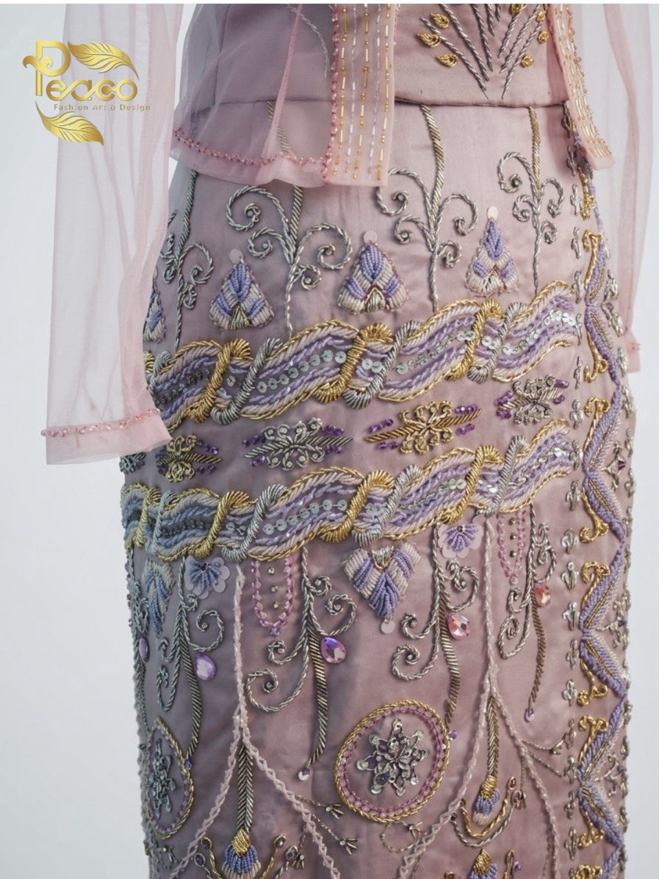Hand-Embroidered Dusky Rose Haute Couture Myanmar Bridal Set (Top, corset ,Shawl & Longyi)