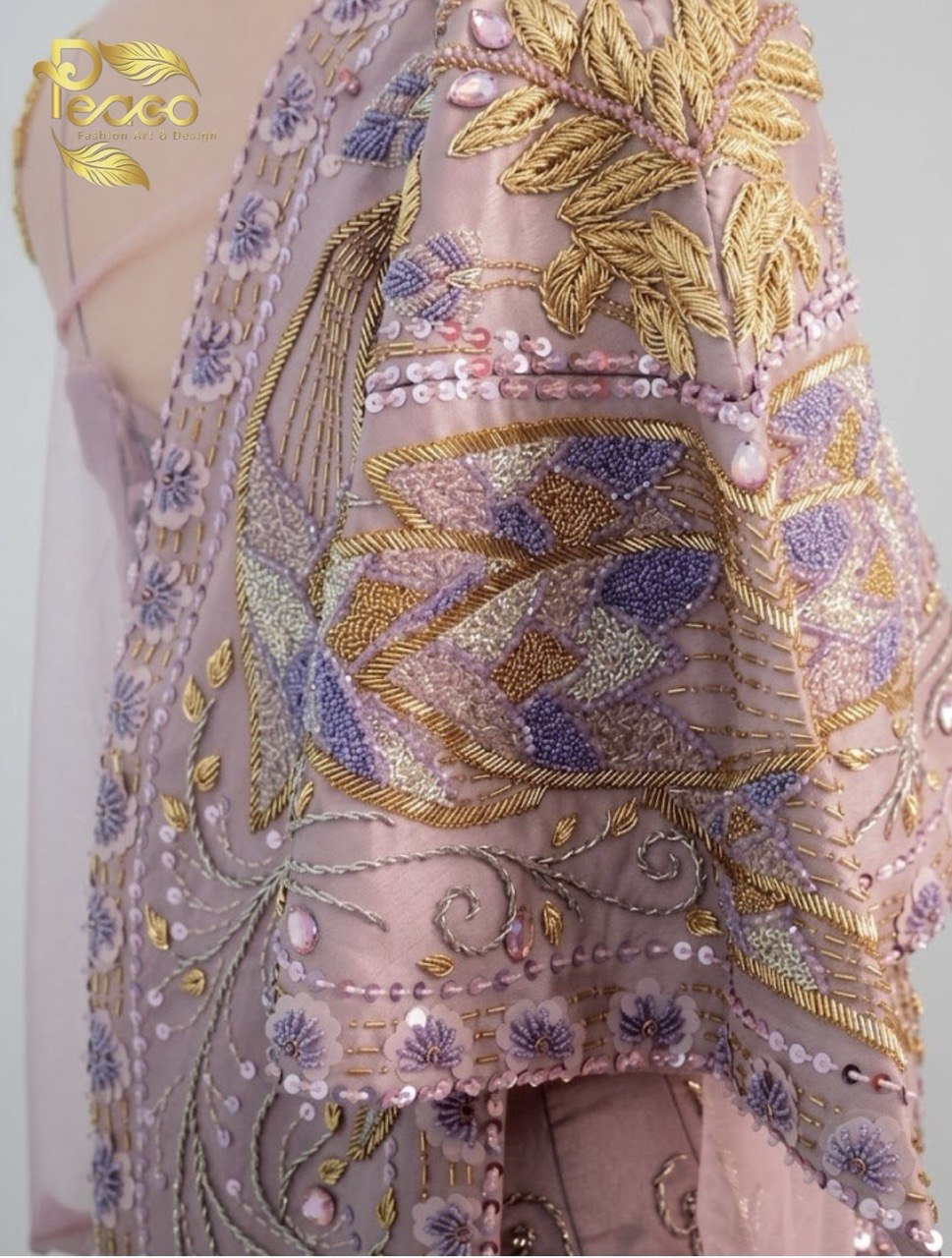 Hand-Embroidered Dusky Rose Haute Couture Myanmar Bridal Set (Top, corset ,Shawl & Longyi)