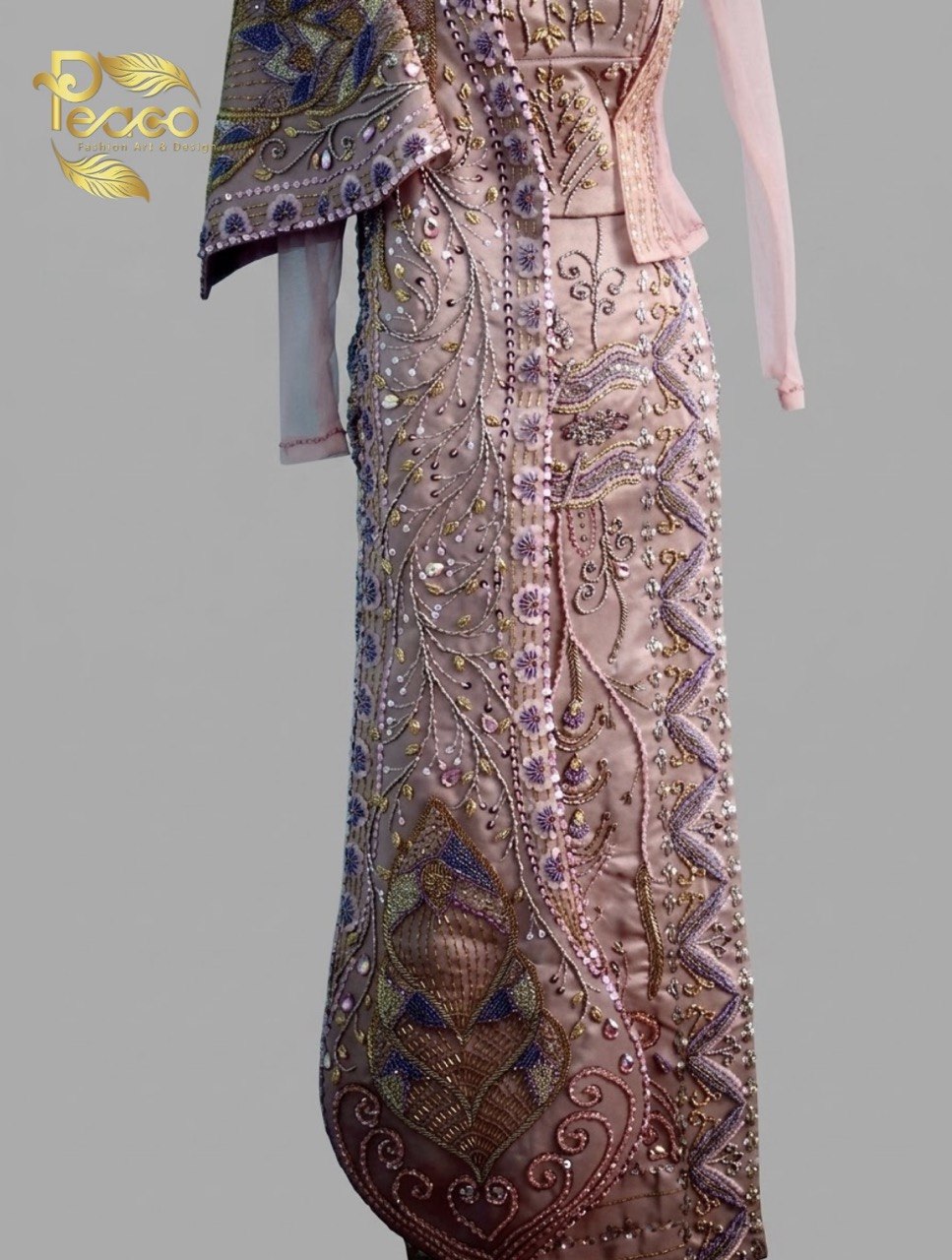 Hand-Embroidered Dusky Rose Haute Couture Myanmar Bridal Set (Top, corset ,Shawl & Longyi)