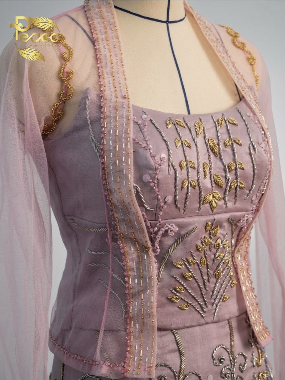 Hand-Embroidered Dusky Rose Haute Couture Myanmar Bridal Set (Top, corset ,Shawl & Longyi)