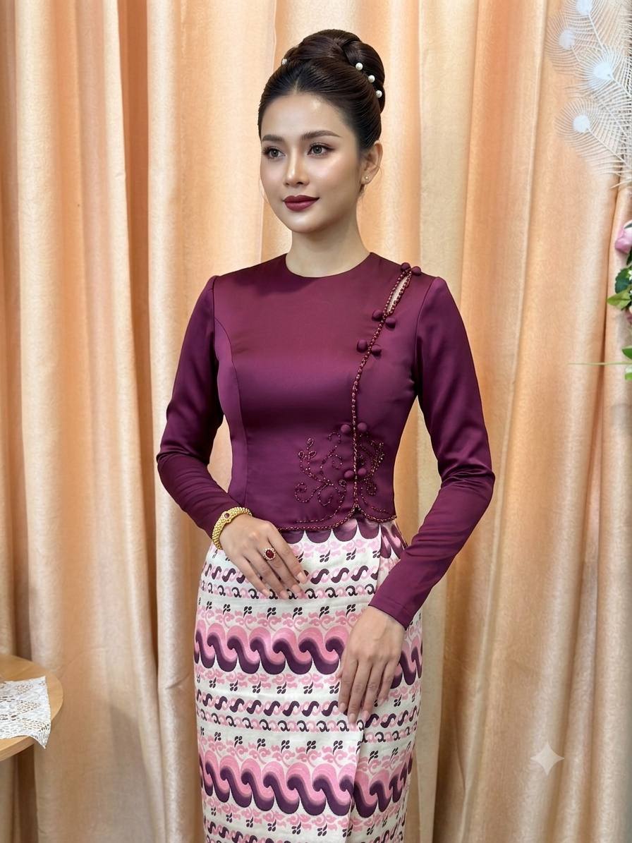 Traditional Myanmar silk hand beaded top ( Preorder , delivery within a week, 3 pieces and get Whole Sale price )