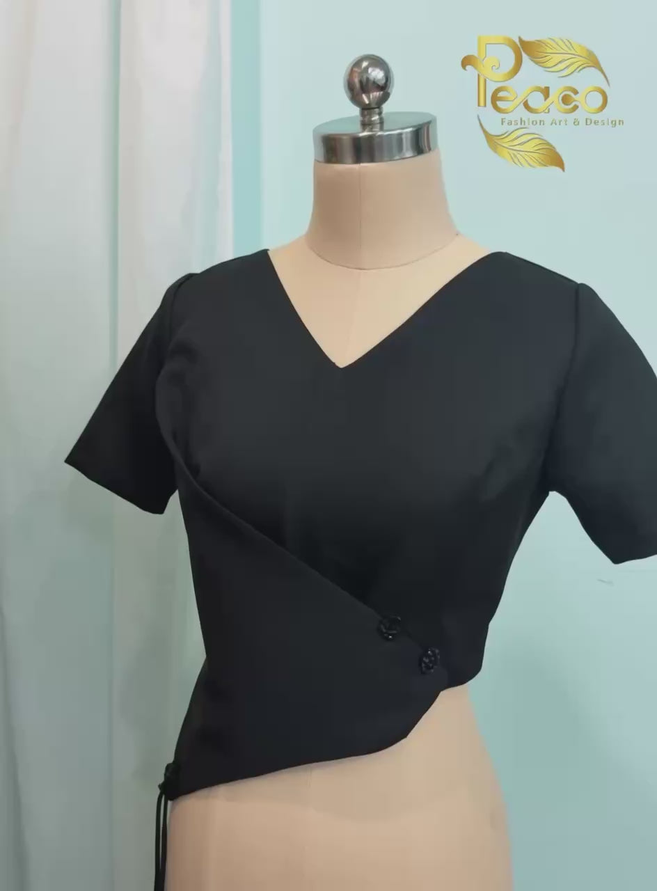 Asymmetric Wrap Blouse with Tassel Detail